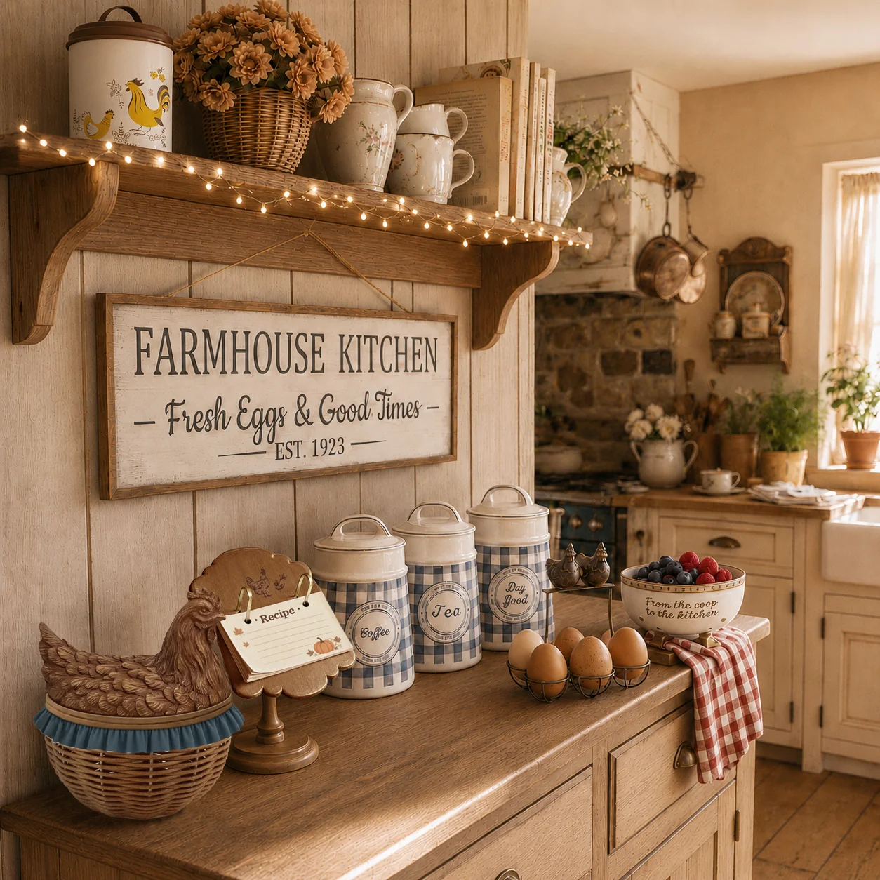 Rustic farmhouse kitchen with a wooden sign, ceramic canisters and warm string lights