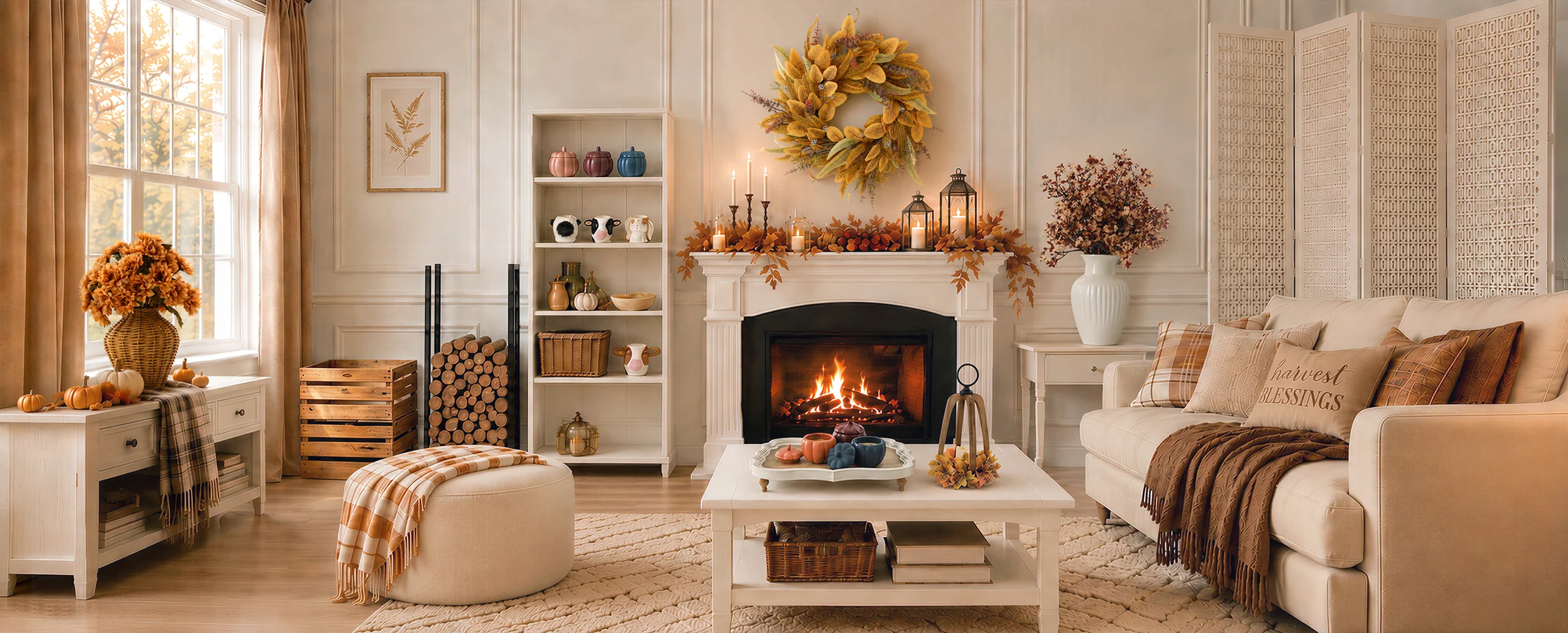 Autumn living room with a golden wreath, harvest decorations and candlelit fireplace