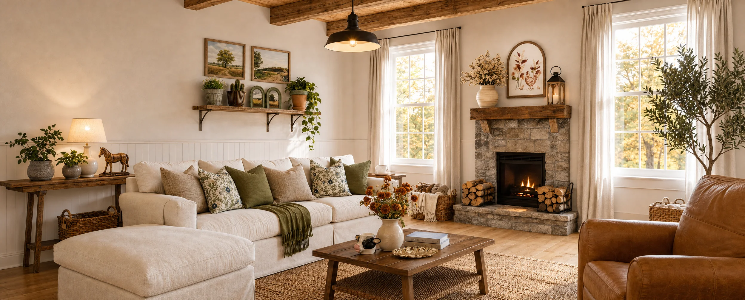 Warm American farmhouse living room with a barn-style pendant light